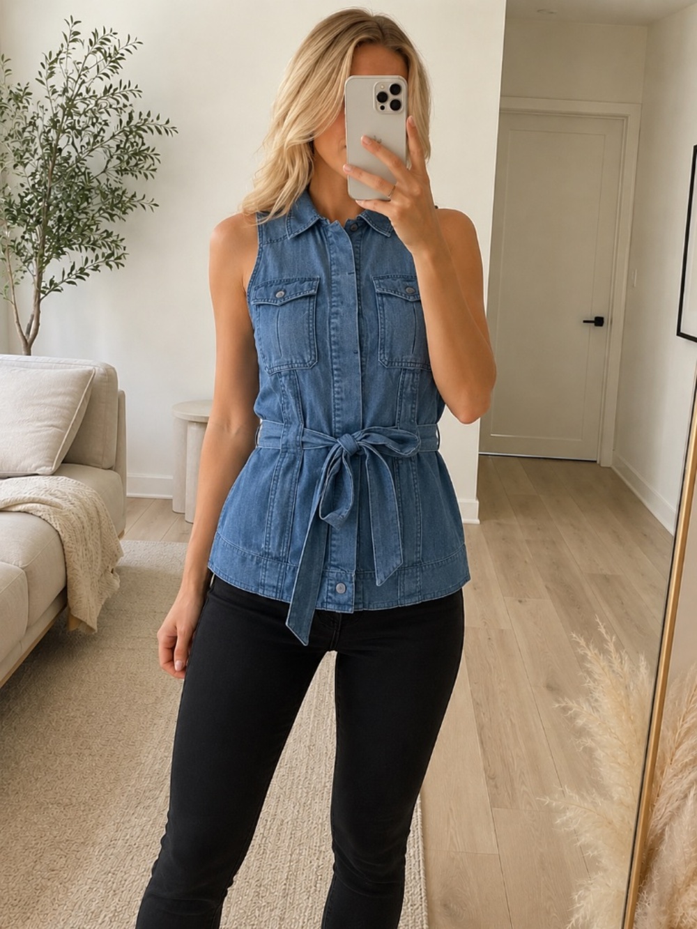 Denim Belted Cargo Utility Sleeveless Shirt Size XS